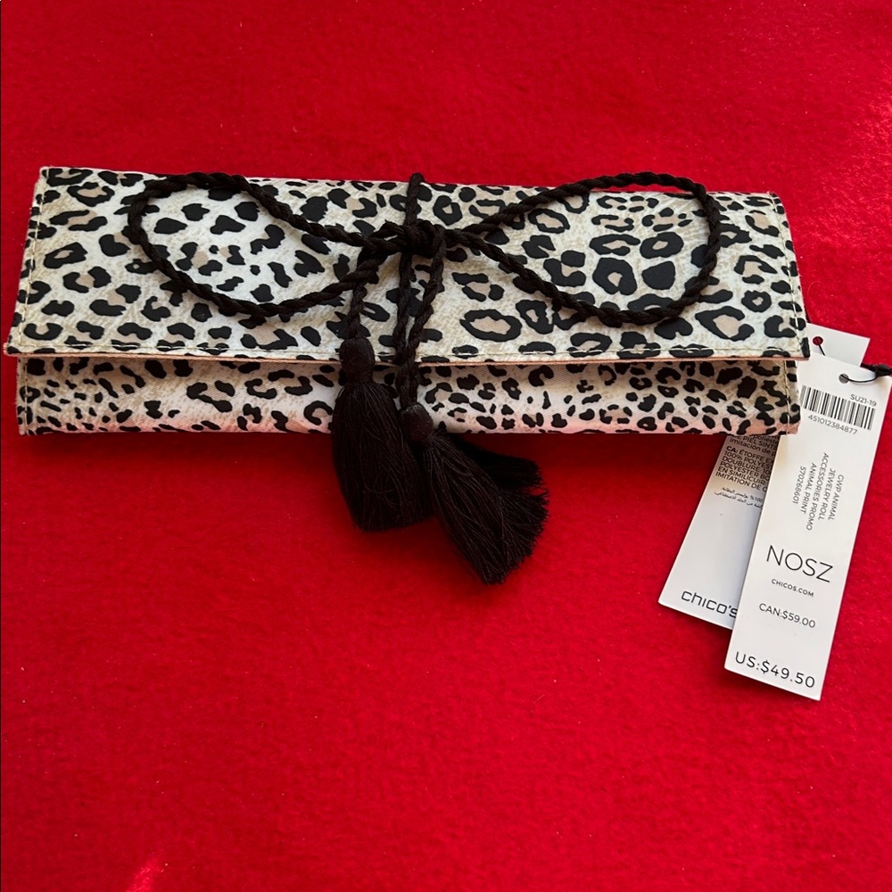 NWT Chico's Animal Print Jewelry Roll with Black Tassels